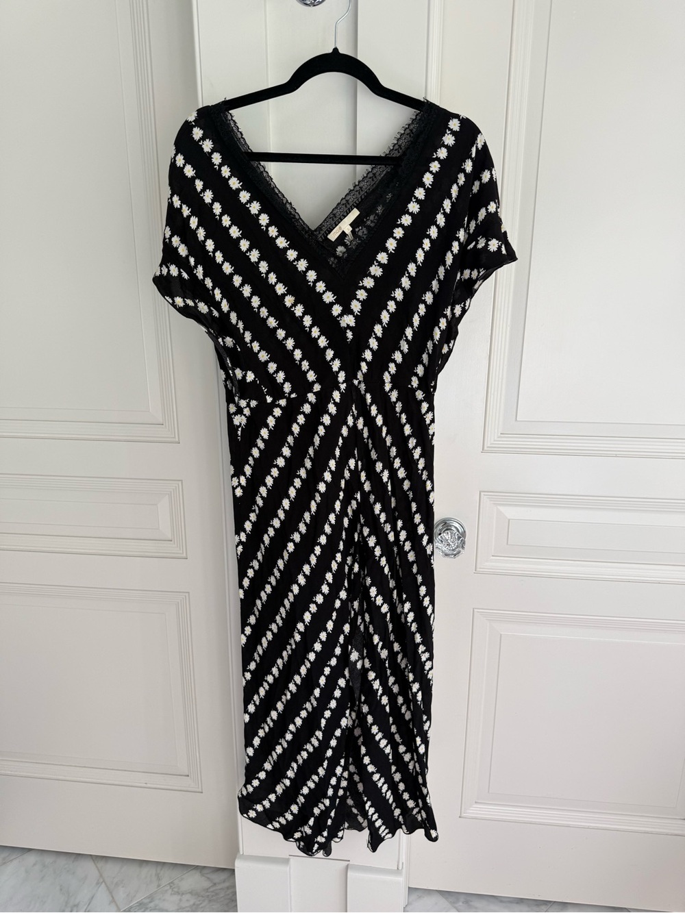 Maje Black Midi Dress with White Diagonal Floral Stripe